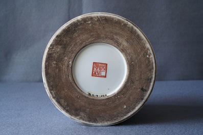 A Chinese grisaille and iron red brush pot, Ju Ren Tang mark, Republic