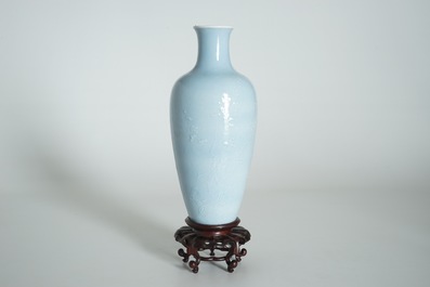 A Chinese monochrome lavender-blue vase with underglaze design, Yongzheng mark, 19/20th C.