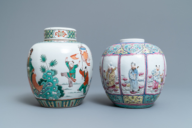 Een Chinese famille rose pot met reli&euml;fdecor en een famille verte dekselpot, 19e eeuw