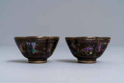 A pair of Chinese silver and lac burgaut&eacute; quatrefoil cups and saucers, Kangxi
