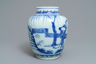 Een Chinese blauw-witte pot met dames in een tuin, Transitie periode