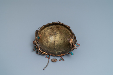 A Chinese ceremonial 'fengguang' coral- and silver-embellished kingfisher feather headdress, 19th C.