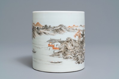A Chinese grisaille and iron red brush pot, Ju Ren Tang mark, Republic