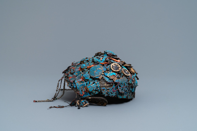 A Chinese ceremonial 'fengguang' coral- and silver-embellished kingfisher feather headdress, 19th C.