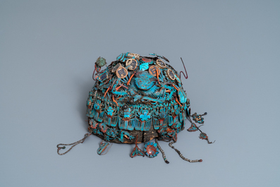 A Chinese ceremonial 'fengguang' coral- and silver-embellished kingfisher feather headdress, 19th C.