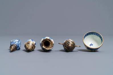 Ten Chinese silver-mounted blue and white miniature vases, Kangxi