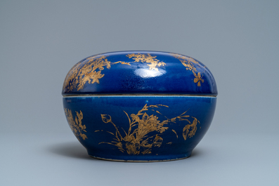 A Chinese powder blue and gilt round covered box, Guangxu mark and of the period
