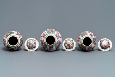 A Chinese famille rose five-piece garniture with birds among blossoms, Qianlong