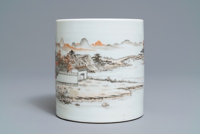 A Chinese grisaille and iron red brush pot, Ju Ren Tang mark, Republic