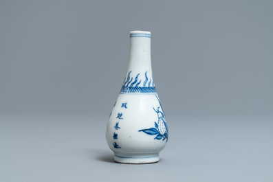 A small Chinese blue and white vase with fruits and calligraphy, Transitional period