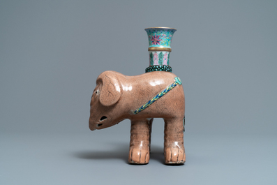 A large Chinese famille rose elephant candle holder, Jiaqing