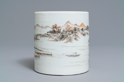 A Chinese grisaille and iron red brush pot, Ju Ren Tang mark, Republic