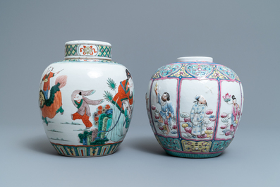 A Chinese famille rose relief-decorated jar and a famille verte jar with cover, 19th C.