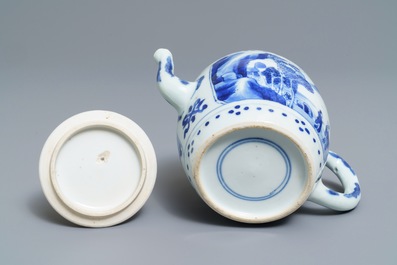A Chinese blue and white 'landscape' teapot and cover, Kangxi