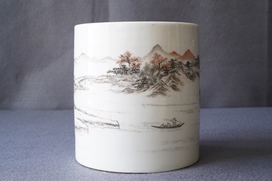 A Chinese grisaille and iron red brush pot, Ju Ren Tang mark, Republic