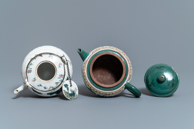 A collection of Chinese famille rose porcelain and a Yixing stoneware teapot, 18/19th C.