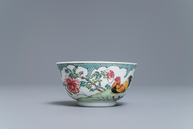 A fine Chinese famille rose eggshell 'rooster' cup and saucer, Yongzheng