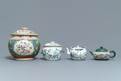 A collection of Chinese famille rose porcelain and a Yixing stoneware teapot, 18/19th C.