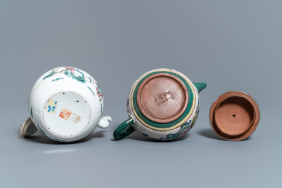 A collection of Chinese famille rose porcelain and a Yixing stoneware teapot, 18/19th C.