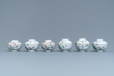 Six Chinese famille rose covered bowls on stands, 19th C.