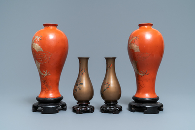 Deux paires de vases en laque de Chine, Fujian, R&eacute;publique, 20&egrave;me