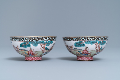 A pair of Chinese Canton enamel bowls with figures in a landscape, Yongzheng/Qianlong