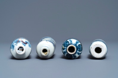 Four Chinese blue, white and underglaze red snuff bottles, 18/19th C.