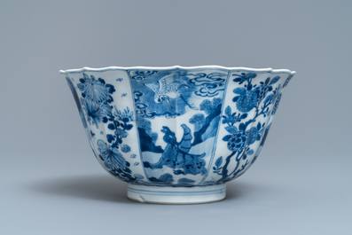 A Chinese blue and white bowl with mythical beasts and flowers, Kangxi