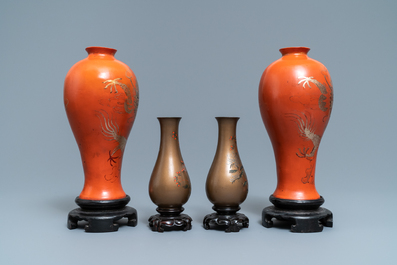 Deux paires de vases en laque de Chine, Fujian, R&eacute;publique, 20&egrave;me