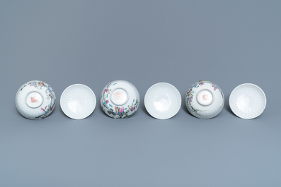 Six bols couverts sur supports en porcelaine de Chine famille rose, 19&egrave;me