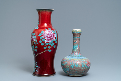 Two enamelled Chinese monochrome sang-de-boeuf and flamb&eacute; vases, 19th C.