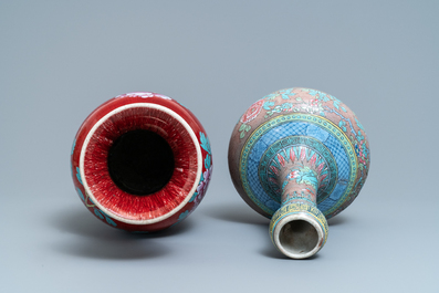 Two enamelled Chinese monochrome sang-de-boeuf and flamb&eacute; vases, 19th C.