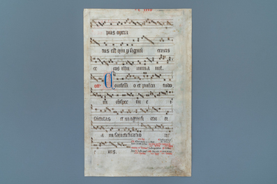 An illuminated antiphonary page, Flemish school, 15th C.