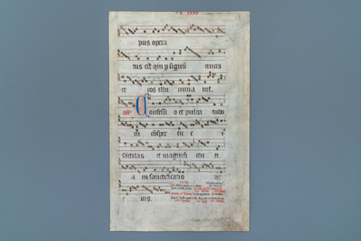 Une page d'antiphonaire illumin&eacute;e, &eacute;cole flamande, 15&egrave;me