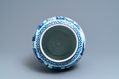 A large Chinese blue and white vase with figurative design, Transitional period