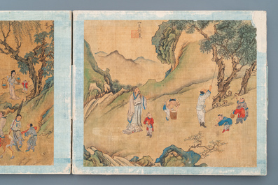 Ecole chinoise, Qing, 19&egrave;me: un album de 20 peintures, encre et couleurs sur soie, mont&eacute;es sur carton