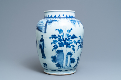 A large Chinese blue and white vase with figurative design, Transitional period