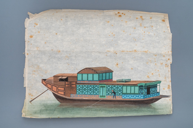 Ten Chinese Canton rice paper paintings of junks, 19th C.