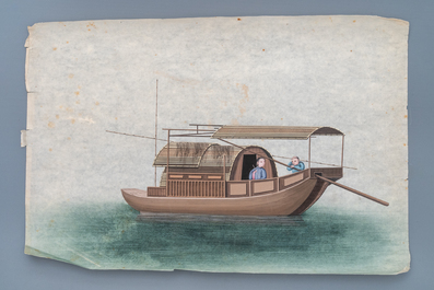 Ten Chinese Canton rice paper paintings of junks, 19th C.