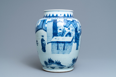 A large Chinese blue and white vase with figurative design, Transitional period