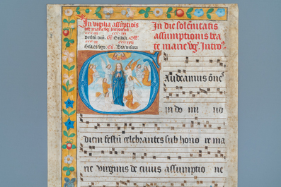 An illuminated antiphonary page, Flemish school, 15th C.