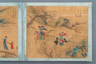 Chinese school, Qing, 19th C.: an album with 20 paintings, ink and color on silk, mounted on board