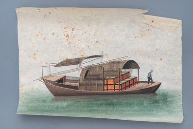 Ten Chinese Canton rice paper paintings of junks, 19th C.