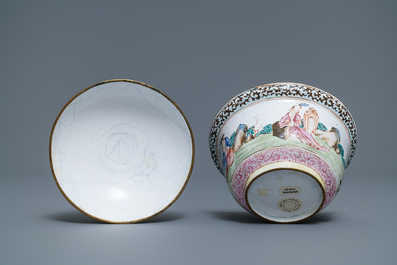 A Chinese Canton enamel 'Europeans' bowl and cover, Qianlong