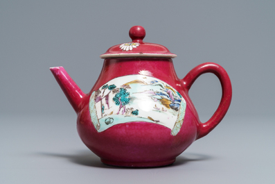 A Chinese famille rose ruby-ground teapot, three cups and two saucers, Yongzheng