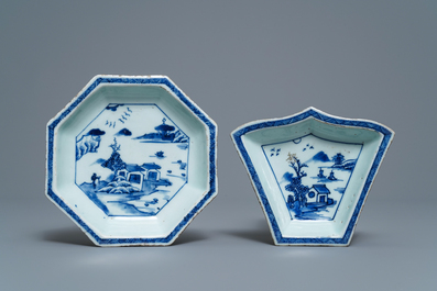 A Chinese blue and white sweetmeat or rice table set with landscape design, 18/19th C.