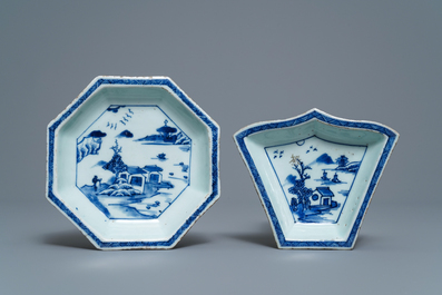 A Chinese blue and white sweetmeat or rice table set with landscape design, 18/19th C.