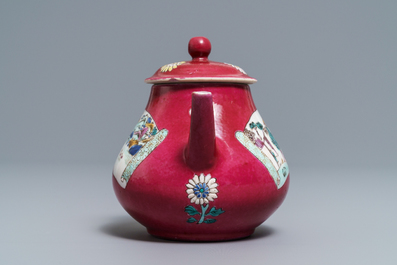 A Chinese famille rose ruby-ground teapot, three cups and two saucers, Yongzheng