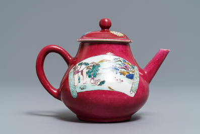 A Chinese famille rose ruby-ground teapot, three cups and two saucers, Yongzheng