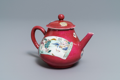 A Chinese famille rose ruby-ground teapot, three cups and two saucers, Yongzheng